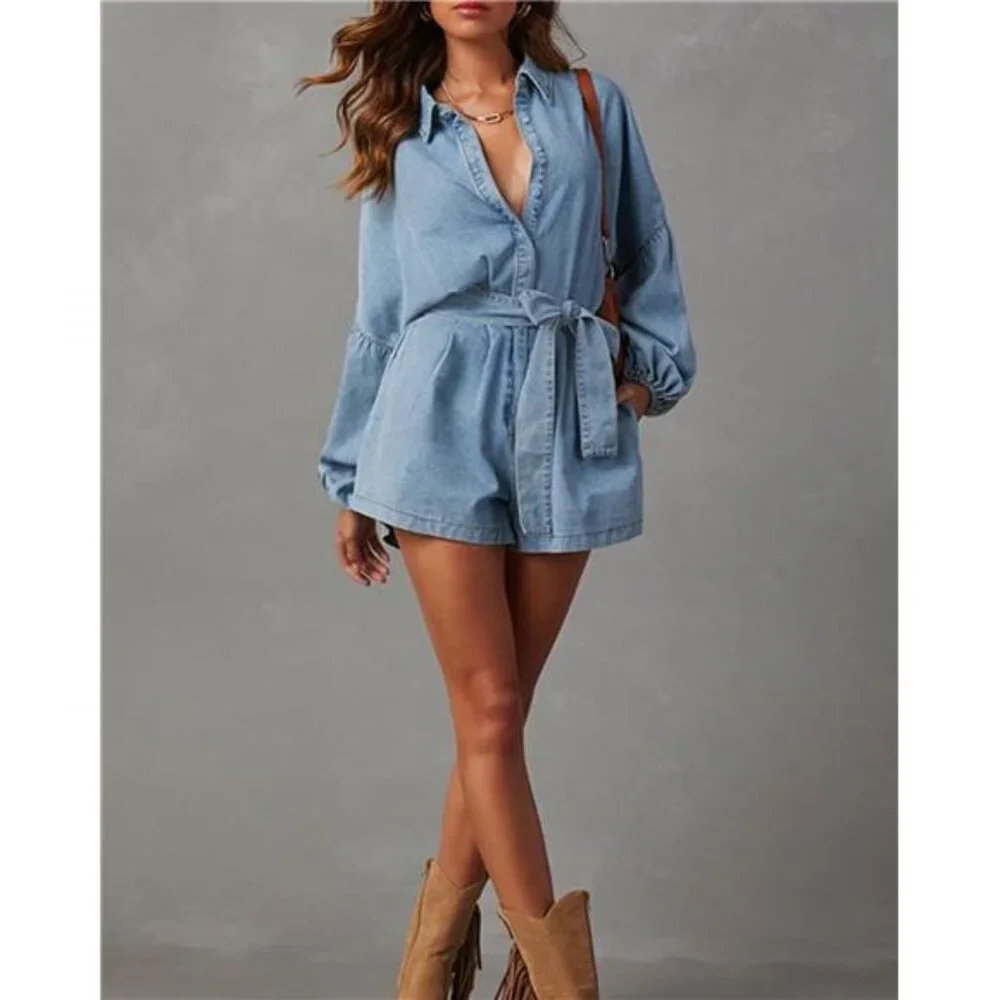 Women's Casual Denim Romper - Picture 4 of 7